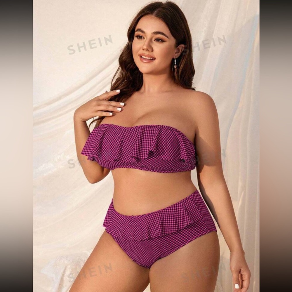 NWT Plaid Ruffle Trim Strapless Bra & Bikini Bottom Swimsuit Set